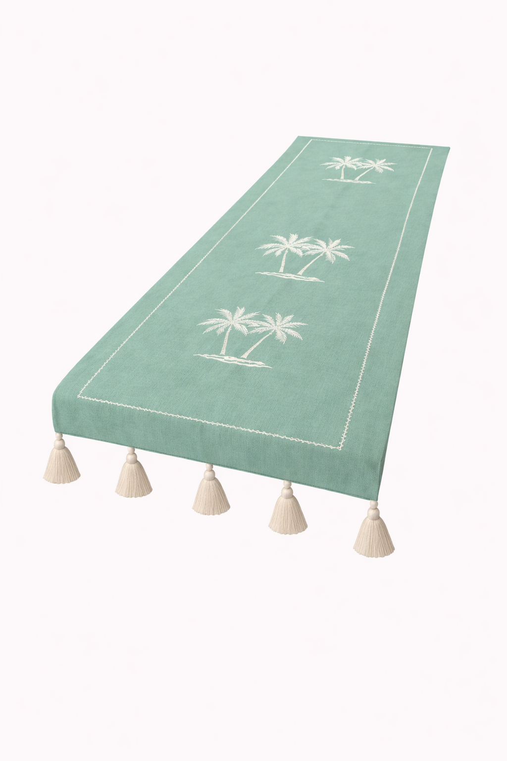 Embroidered palm tree bed runner mint green