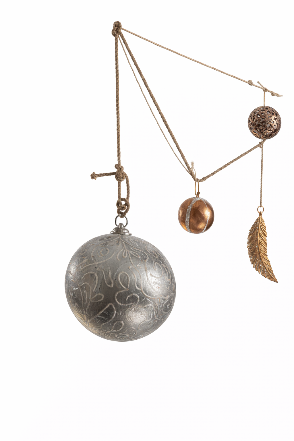 Hanging glass and copper decorations